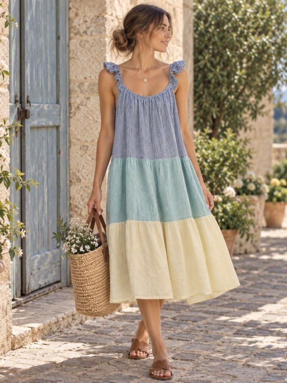 Rails Linen Blend Capri Mixed Rainbow Stripe Midi Dress M Tiered Ruffle Straps